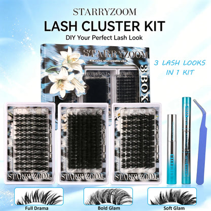 DIY Cluster Lashes All-In-1 Kit, 3-Look Design for Soft Glam to Full Drama, Party Wear Makeup Tool That Enhances Eyes with Multiple Looks, Lash All-In-One, Lash Cluster Kit