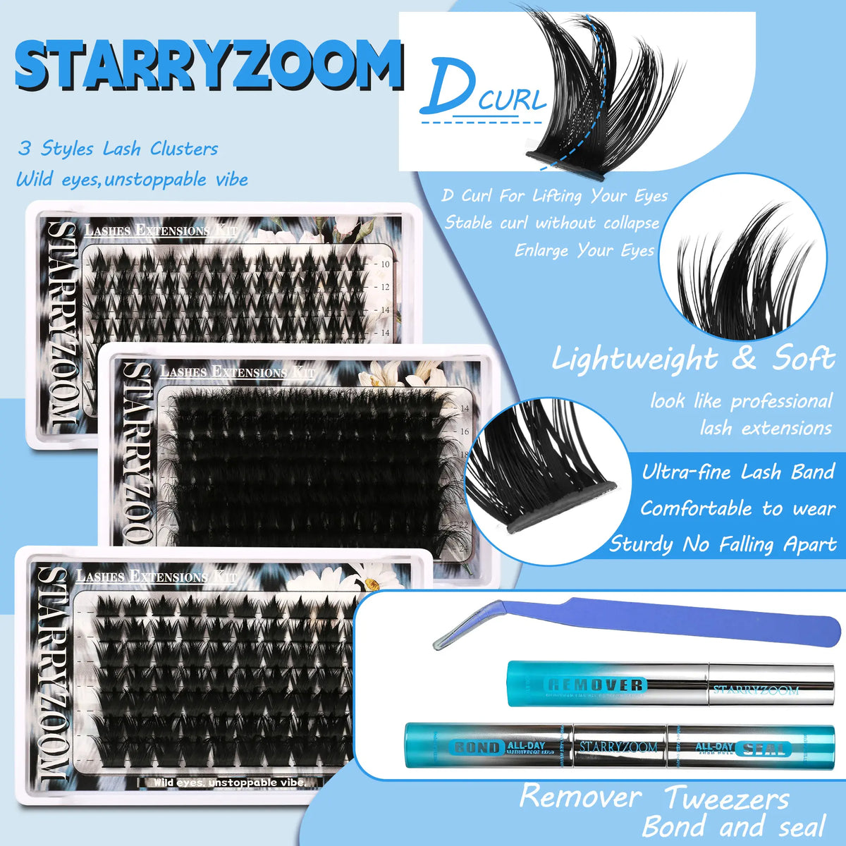 DIY Cluster Lashes All-In-1 Kit, 3-Look Design for Soft Glam to Full Drama, Party Wear Makeup Tool That Enhances Eyes with Multiple Looks, Lash All-In-One, Lash Cluster Kit