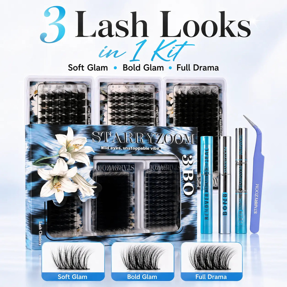 DIY Cluster Lashes All-In-1 Kit, 3-Look Design for Soft Glam to Full Drama, Party Wear Makeup Tool That Enhances Eyes with Multiple Looks, Lash All-In-One, Lash Cluster Kit